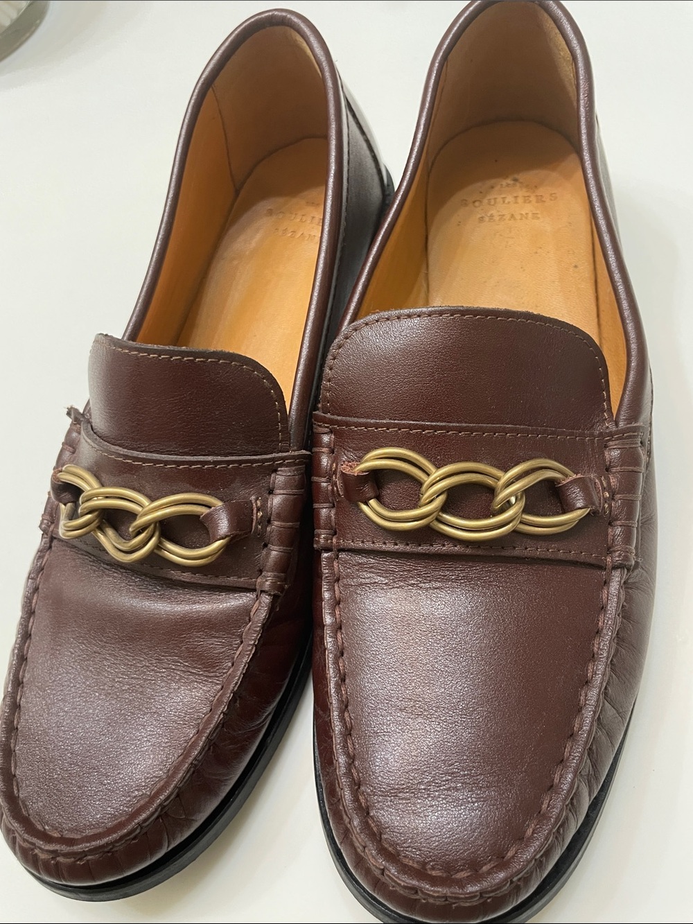 Sézane Smooth Chocolate Brown Leather Chain-Trim Vicky Loafers - Picture 2 of 10